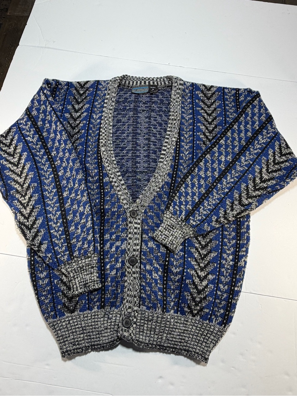 Vintage 80s 90s Playboy Geometric Knit Cardigan Blue Black Grey Size M